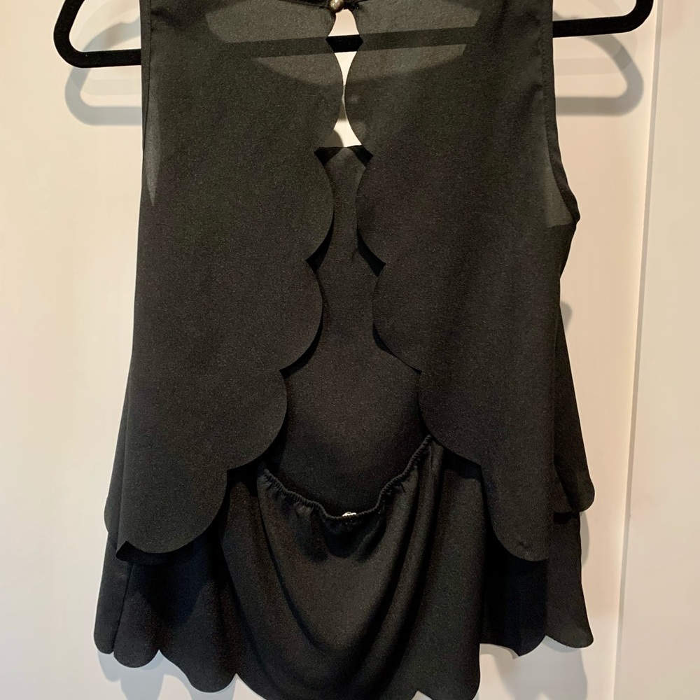 Black Open Back Scalloped Peplum Blouse